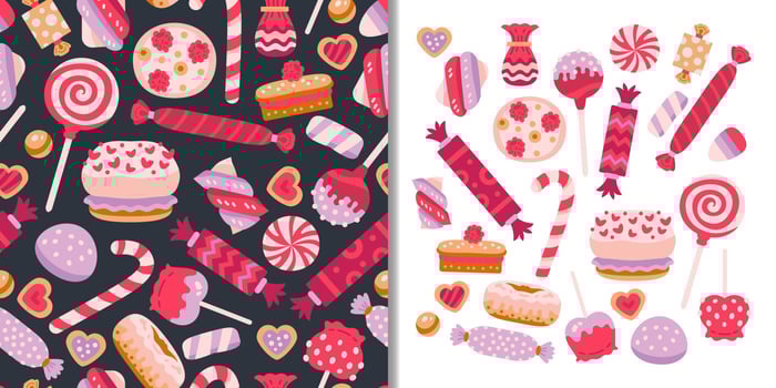 Sweets candies set with seamless pattern vector