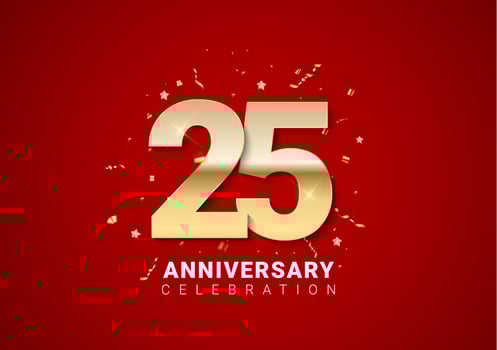 25 anniversary background with golden numbers, confetti, stars vector