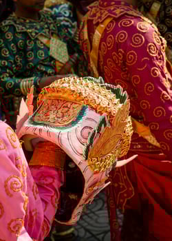Traditional Lakhon Khol mask dance ceremony costume at Wat Svay Andet UNESCO Intangible Cultural Heritage site in Kandal province Cambodia photo