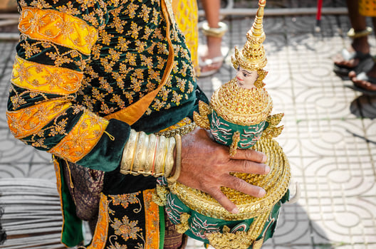 Traditional Lakhon Khol mask dance ceremony costume at Wat Svay Andet UNESCO Intangible Cultural Heritage site in Kandal province Cambodia photo