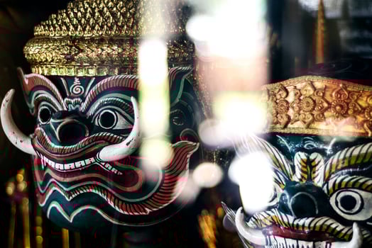 Traditional Lakhon Khol Khmer dance masks on display at Wat Svay Andet pagoda near Phnom Penh Cambodia photo
