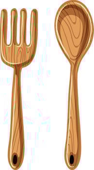 Wooden spoon with fork isolated on white background vector