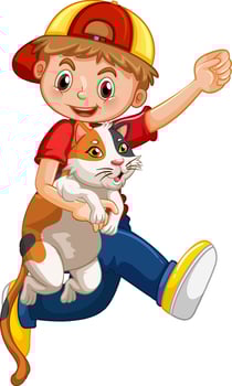 A boy holding cute cat cartoon character isolated on white background vector