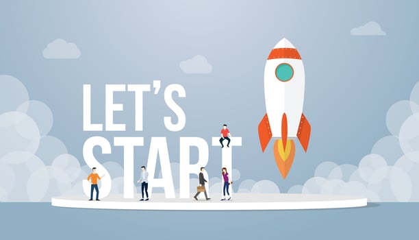 lets start big words concept with team people and rocket vector