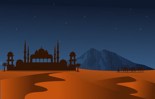 Night Arabic Desert Camel Caravan Muslim Islamic Culture Illustration vector
