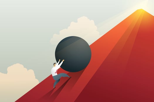Businessman pushing boulder up to hill and hard work challenge. vector
