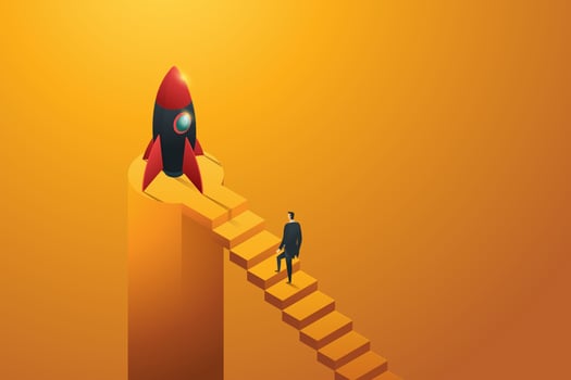 Startup businessman walking up ladder to a rocket. vector