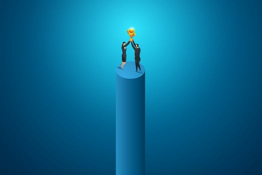 Business people women and man hold big trophy competition achievement. vector