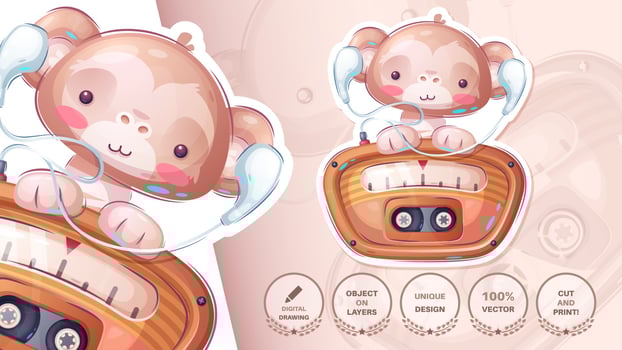 Cartoon character animal monkey listen radio vector