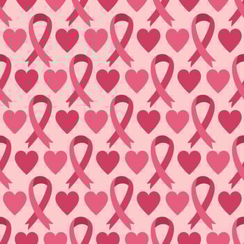 Seamless pattern pink ribbon - breast cancer awareness and hearts vector