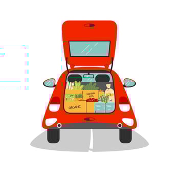 Small car trunk is open and full of groceries vector