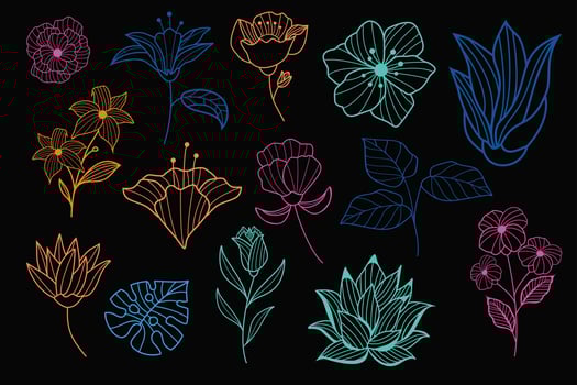 Beautiful neon hand drawn floral vector collections