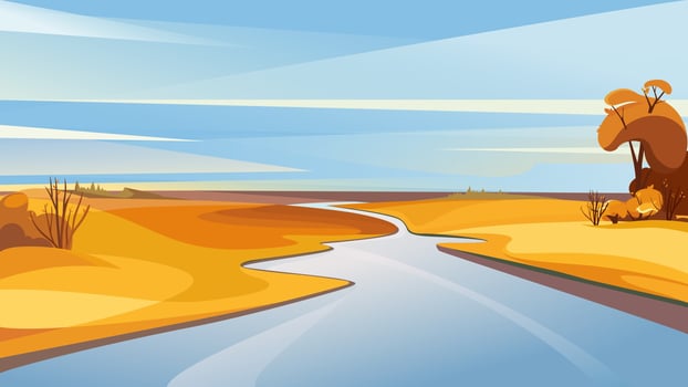 Autumn landscape with river at dawn. vector