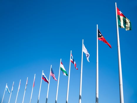 Flags of the countries of the world on flagpoles photo
