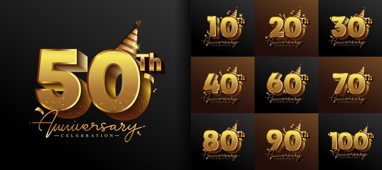 Set of anniversary logotype design with handwriting golden color vector