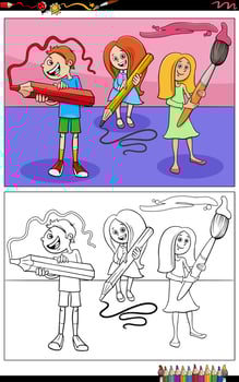 cartoon pupils children with pencils coloring book page vector