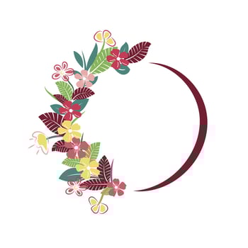 Round frame leaves and pink, yellow, red flowers vector