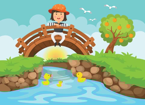 girl sitting on wooden bridge in nature landscape vector