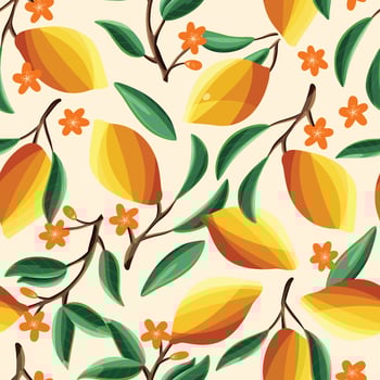 Lemons on tree branches, seamless pattern. vector