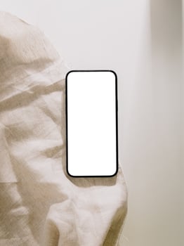 Smartphone mockup, Phone with blank screen template. Flat lay photo