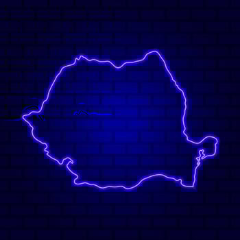 Romania glowing neon sign on brick wall background photo