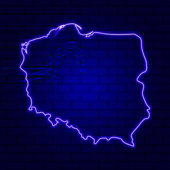 Poland glowing neon sign on brick wall background photo