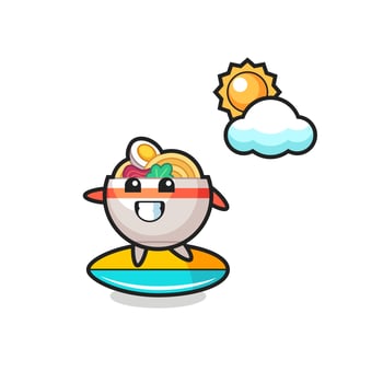 Illustration of noodle bowl cartoon do surfing on the beach vector