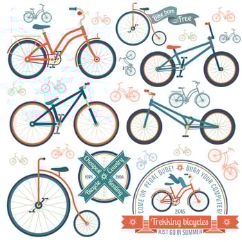 Bicycles of various types. Vintage logo with a bicycle. vector