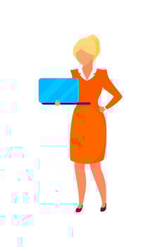 Elegant woman holding laptop semi flat color vector character