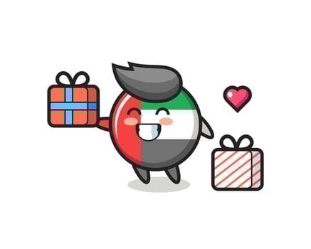 uae flag badge mascot cartoon giving the gift vector