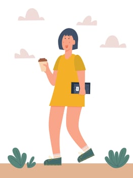 Young girl walking with books and cup of coffee vector