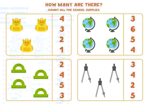 Counting game with cute kawaii school supplies. Math worksheet. vector