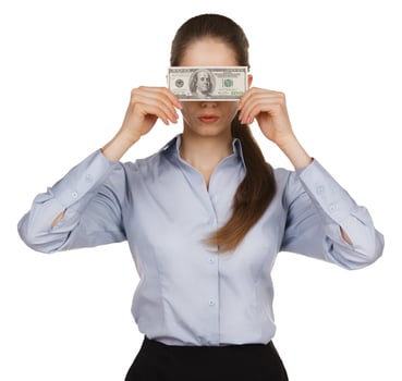 Woman blocking the face of hundred dollar bills photo