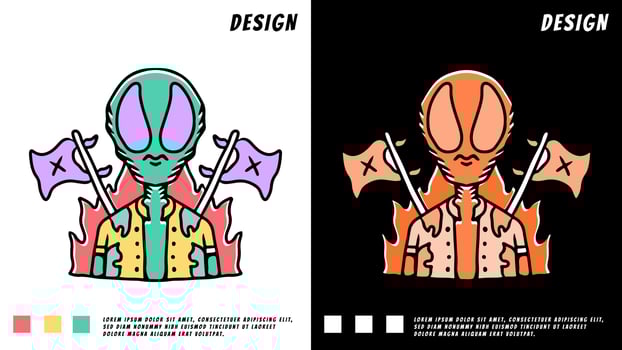 cool alien with crossed flags and fire, illustration for t-shirt vector
