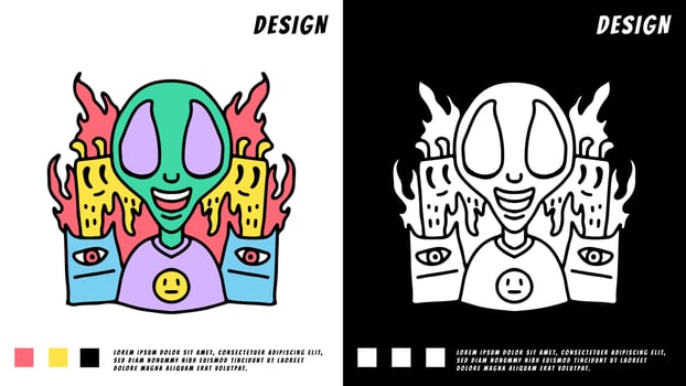 doodle cartoon alien and monsters, illustration for t-shirt vector