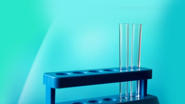 Test-tubes on a blue stand against blue background photo