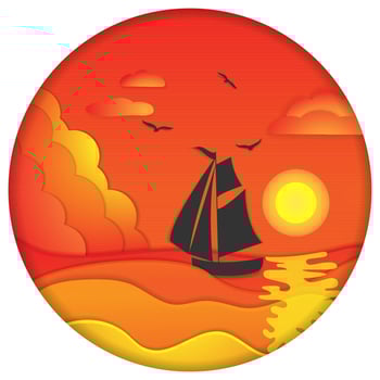 Sailboat in the sea. Seascape by sunset in paper cut style. vector