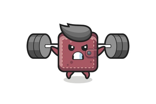 leather wallet mascot cartoon with a barbell vector