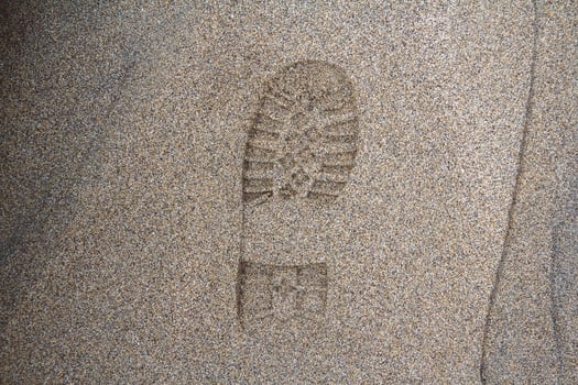 Imprint of the shoe on mud with copy space, Footprint in the dirt photo