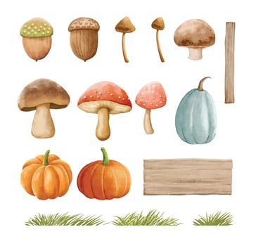 Mushrooms autumn set with grass in watercolor painting. vector