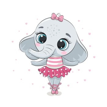 Cute baby elephant ballerina in a pink skirt. Vector illustration.