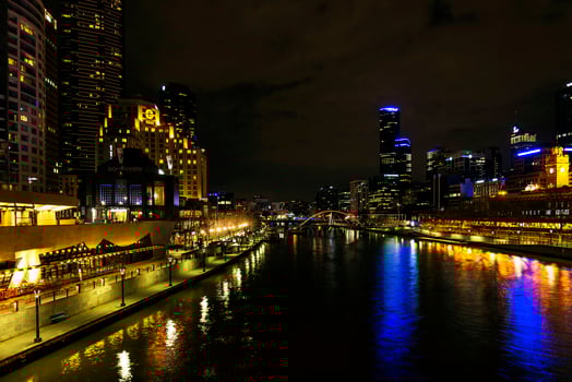 Central Melbourne city river side modern urban skyline at night in Australia photo