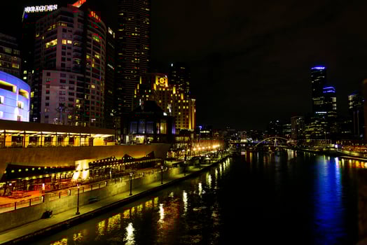 Central Melbourne city river side modern urban skyline at night in Australia photo