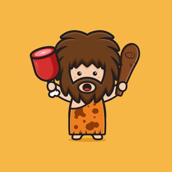 Cute caveman holding meat and clubwooden cudgel cartoon icon vector