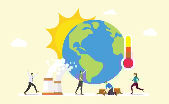 global warming earth concept with sun and thermometer with team people vector