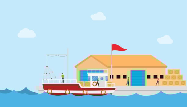 fishery industry concept on small port and warehouse or storehouse vector