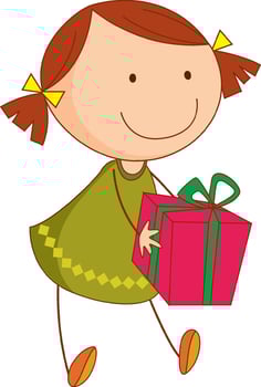 A doodle kid holding a gift box cartoon character isolated vector