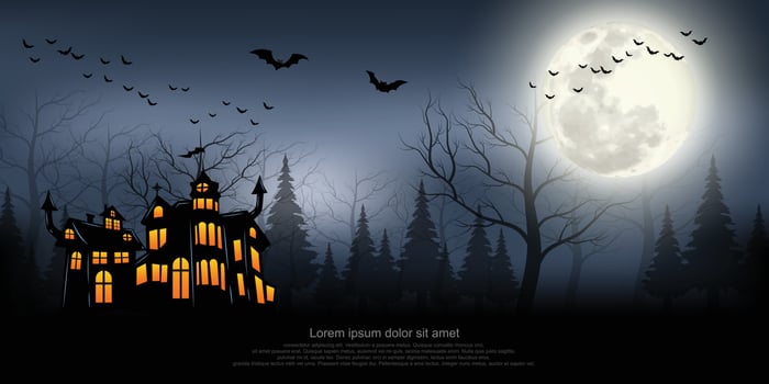 Castle, haunted house and ghost hands, tomb on full moon night. vector