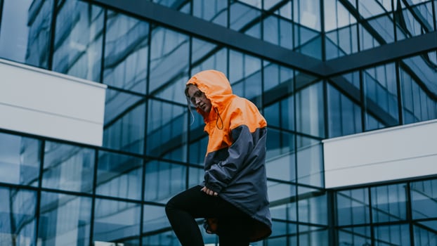 Girl in protective overalls and glasses. Air pollution concept photo