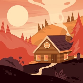 Autumn Landscape of Cabin in the Mountain vector